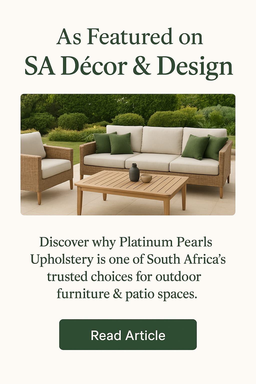 Platinum Pearls Upholstery featured on SA Décor & Design